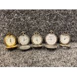 5 novelty gents metal pocket watches, one in gilt