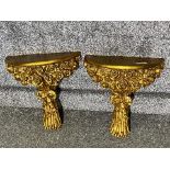 Pair of hand painted gilt wall shelves, both with floral (roses) design