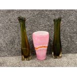 Pair of tall green and orange vases with pink art glass vase with orange belt