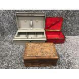 Vintage metal cash box with hand carved wooden box etc