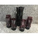 Mid century whitefriars tall dark purple pinched spout glass jug with clear ribbed glass handle