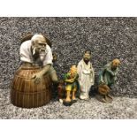 Chinese bearded fisherman with barrel together with 3 other Chinese mudmen figurines