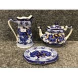 Burleigh Venice blue and white teapot with teapot stand etc