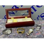 Modern style wooden watch box also includes 1 Citron 1 Citizen and 2 Accurist wrist watches