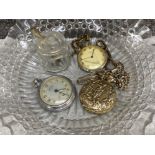 Glass plate containing 3 gents pocket watches & vintage glass lidded pot with spoon