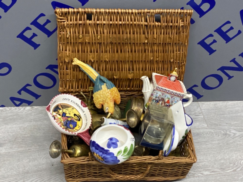 Basket containing saddler tea pot mixed brass ware etc