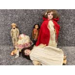 Bag containing 5 miscellaneous vintage (an older) dolls, including porcelain headed red riding