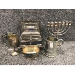 Vintage Silver plated cheese toaster together with Jewish menorah 7 brand candlestick 2 pewter