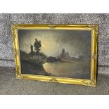 Gilt framed oil on canvas painting “river at night scene” signed & dated by the artist bottom