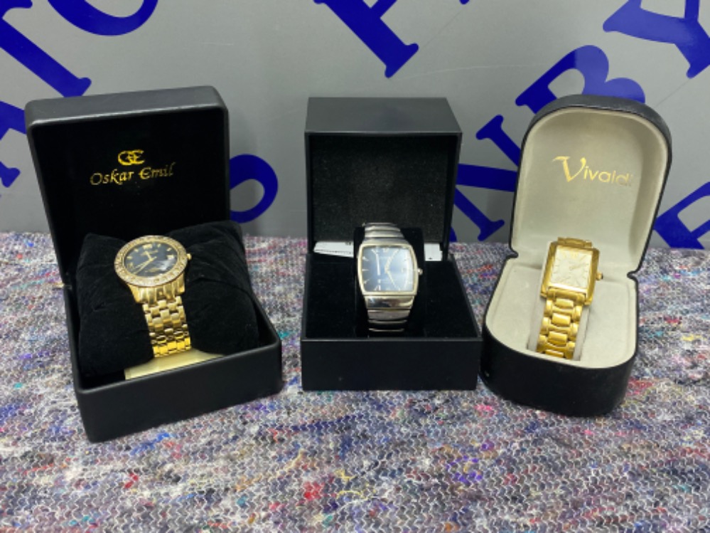 3 mens metal wrist watches including Vivaldi, Amadeus etc