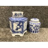 2 oriental blue and white lidded jars