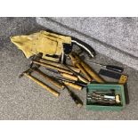 Box of hammers plus other tools including wood work tools and work belt