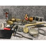 Pink basket of assorted brass and metal including picture frames g clamps coat hooks etc