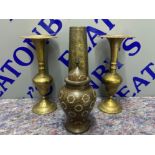 3 old Middle Eastern brass vases plus a old inlaid jar complete with lid