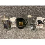 Total of 6 porcelain & glass tankards including 2 with pewter lids & 1 with novelty bell, makers