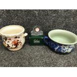 Chinese blue and white chamber pot together with masons brown velvet twin handled bowl and Galway