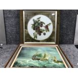 Oil on canvas of sailboat together with a framed Victorian hand painted ceramic round panel