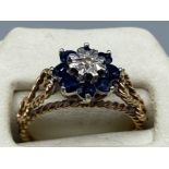 9ct gold sapphire and diamond 8x1 cluster ring, size J1/2 2.6g
