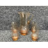 Vintage retro whitefriars amber glass jug with 4 matching drinking glasses