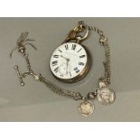 Hallmarked silver cased Gents pocket watch “improved patent” on silver fob chain with attached