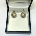 Antique Edwardian Old Cut Diamond & Pearl Cluster Earrings with 18ct Gold Stems