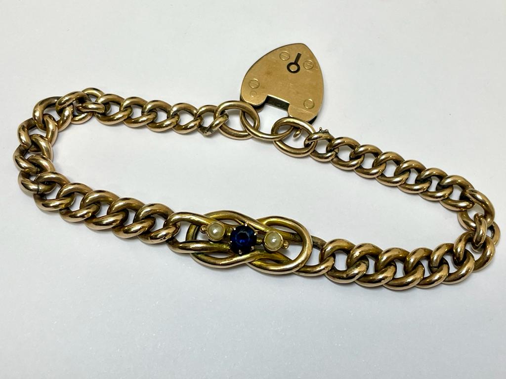 Vintage 9ct Rose Gold Sapphire & Pearl set curb bracelet with Padlock fastening - 13.3grams