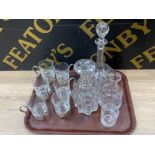 Tray of antique glassware from St. Cuthbert's Church including decanters & set of 6 punch glasses