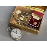 Cigarette tin containing pocket watch & chain, tie pin, cufflinks (1 being silver)