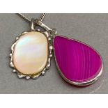 2x silver pendants - one Mother of Pearl the other Pink Agate, also includes silver necklace, 14.