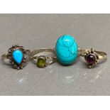 4x silver 925 ladies dress rings including turquoise etc