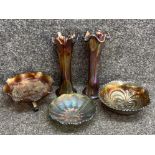 5x pieces of Fenton carnival glass, includes pair of vases & 3 bowls (1 with foot support)