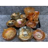 Tray lot containing 13 pieces of carnival glass ware “Marigold” including bowls, jugs & large cup