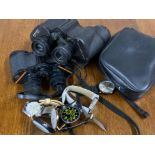 Total of 5 wristwatches & 2 pairs of binoculars- Miranda 16x50 & prinz 8x30