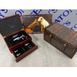 Metal HMV “his masters voice” advertising sign together with corkscrew set in mahogany case &