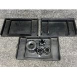 Collection of ebonised wood desk stands (3 in total) plus 4x Bakelite inkwells