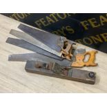 Vintage woodworking plane together with 4x wooden handled saws