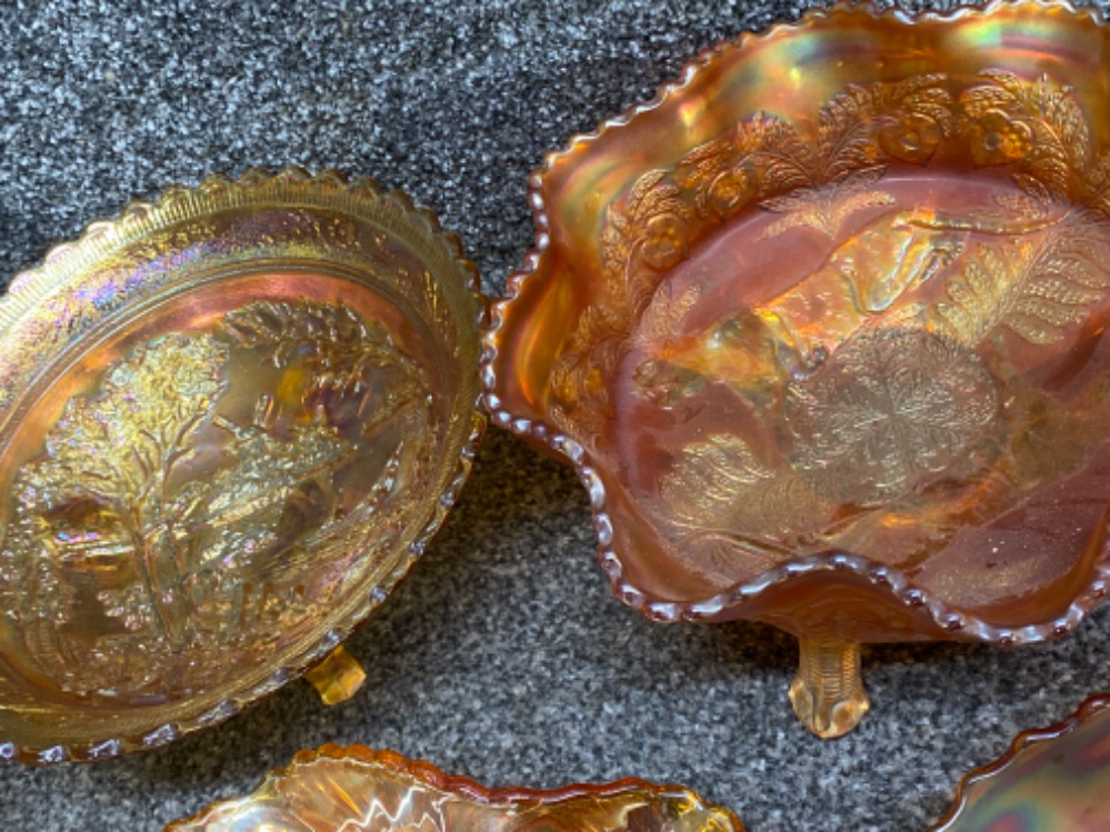Total of 5 large pieces of carnival glass “marigold”, 2x bowls with foot support - largest - Image 3 of 3