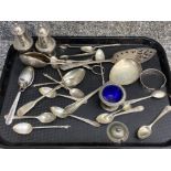 Tray lot of miscellaneous silver plated items, including cutlery, salt & pepper shakers etc