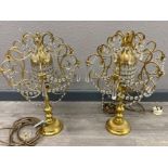 Pair of stunning brass & crystal drop effect table lamps