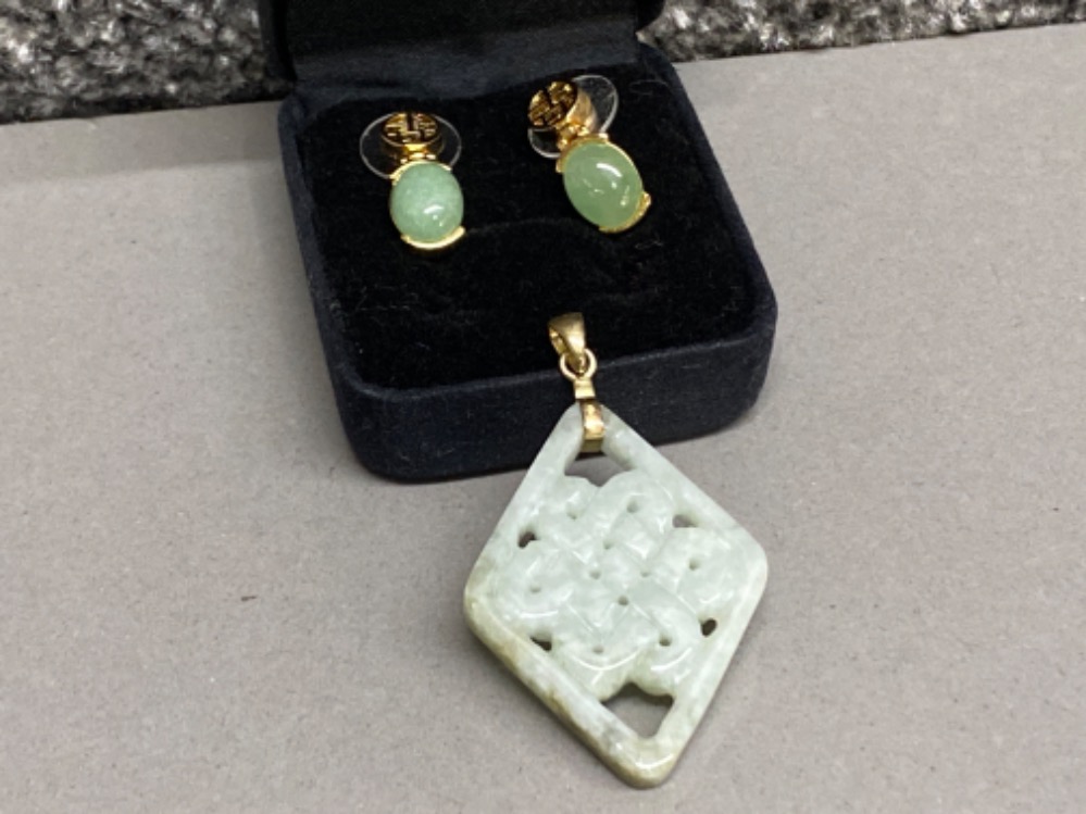 Jade pendant and earrings gold plated mounts