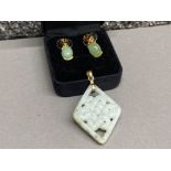 Jade pendant and earrings gold plated mounts