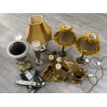 Large lot including 3 lamps, candle holders and gold wall hanging deco