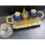 Antique brass & glass inkwell set plus one other Victorian glass inkwell pot