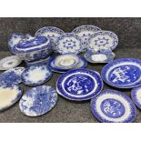 Tray lot of miscellaneous “blue & white” plates, including Minton, willow pattern & large lidded