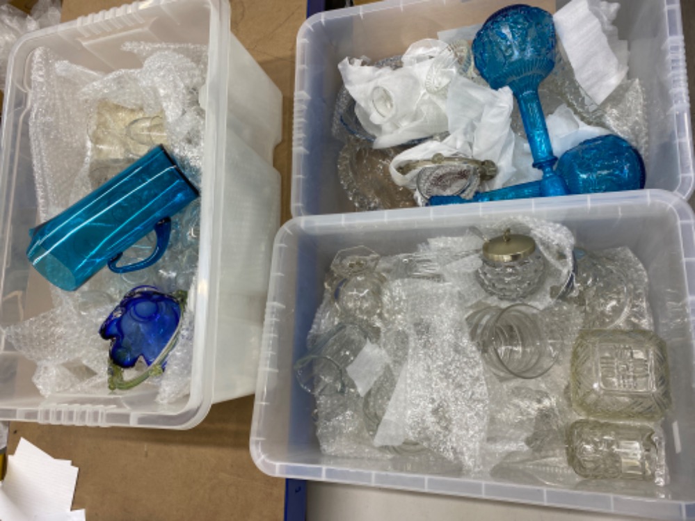 3x boxes of miscellaneous glassware, including pair of blue coloured glass decanters, basket & cut