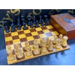 Vintage chess set with large wooden board tournament style pieces, king is 10.2cm in height