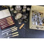 Box of silver plated & stainless steel items including cutlery, tea caddy, glass shakers etc