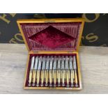 Antique Well presented mahogany cased fruit knife & fork set, comprises of 24 pieces of silver