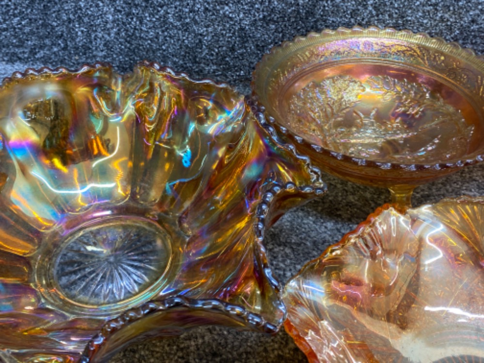 Total of 5 large pieces of carnival glass “marigold”, 2x bowls with foot support - largest - Image 2 of 3