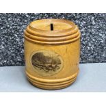 Early 1900’s Mauchline ware (Sycamore) money box with screw off top